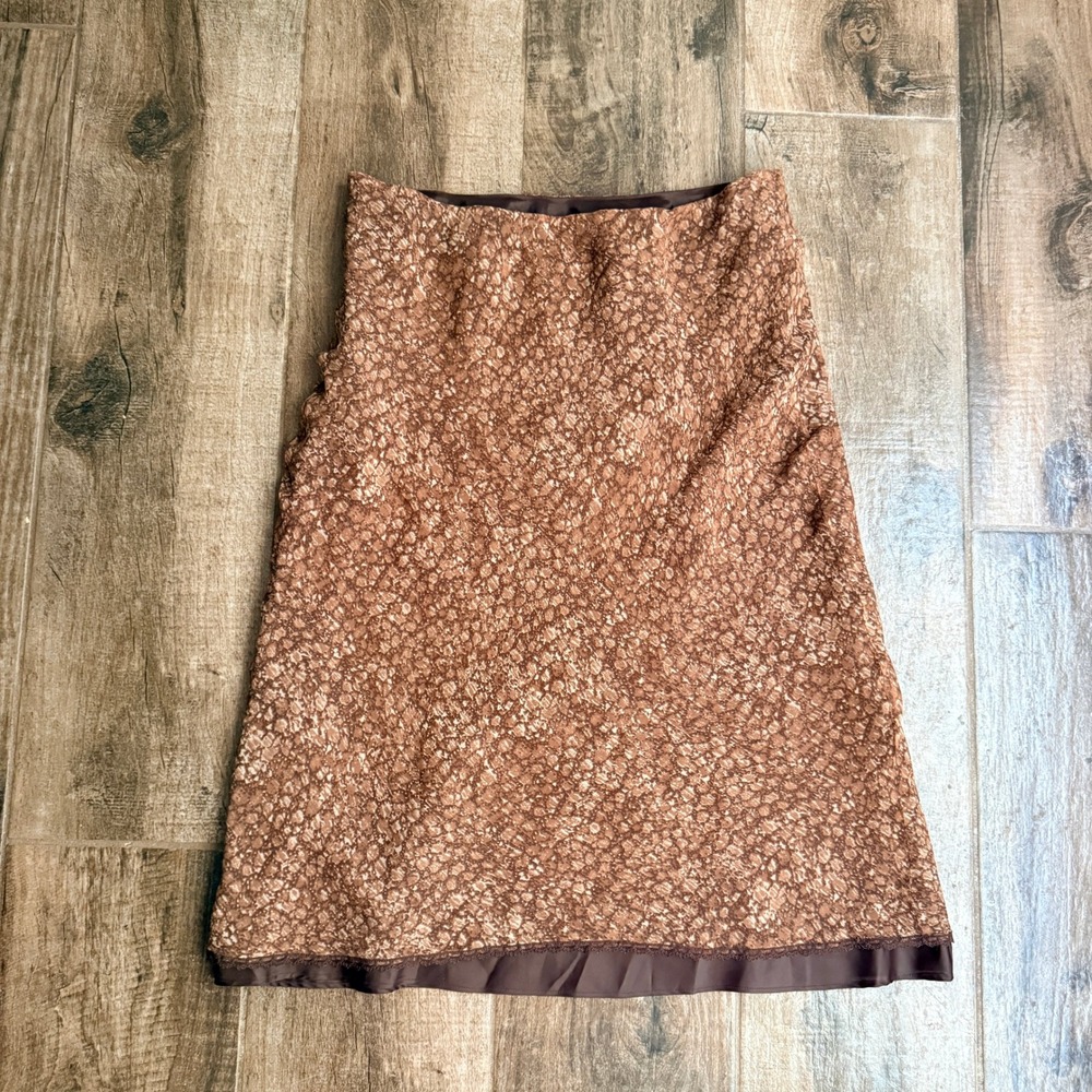 ICE Womens Vintage Grunge Pebble Print Contrast Lined Silk Midi Skirt ,Brown, 12